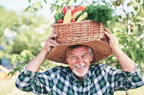 Happy farmer with basket on his head