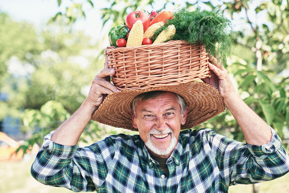 Happy farmer with basket on his head