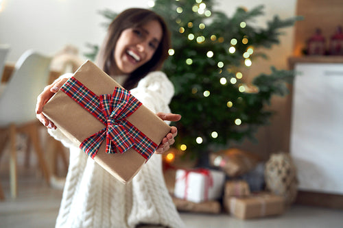 Smiling caucasian woman with Christmas gift at home