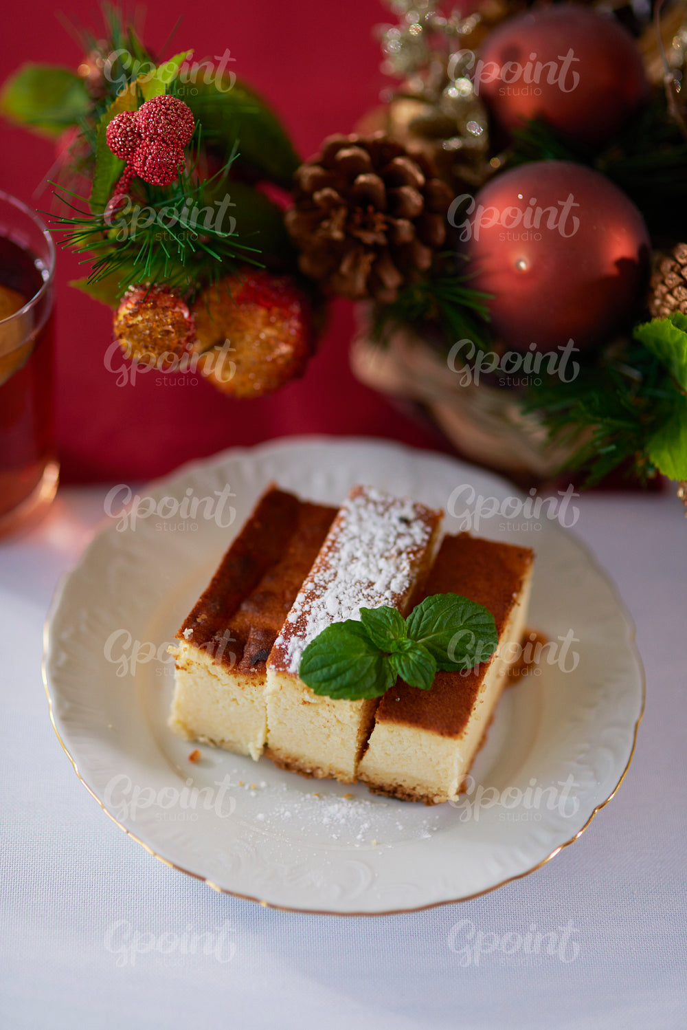 Three pieces of traditional cheesecake