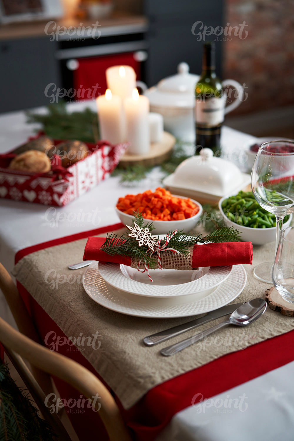 Detail of table prepared for  Christmas dinner