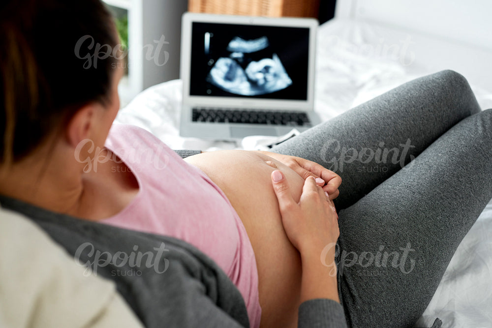 Pregnant woman watching ultrasound record on computer