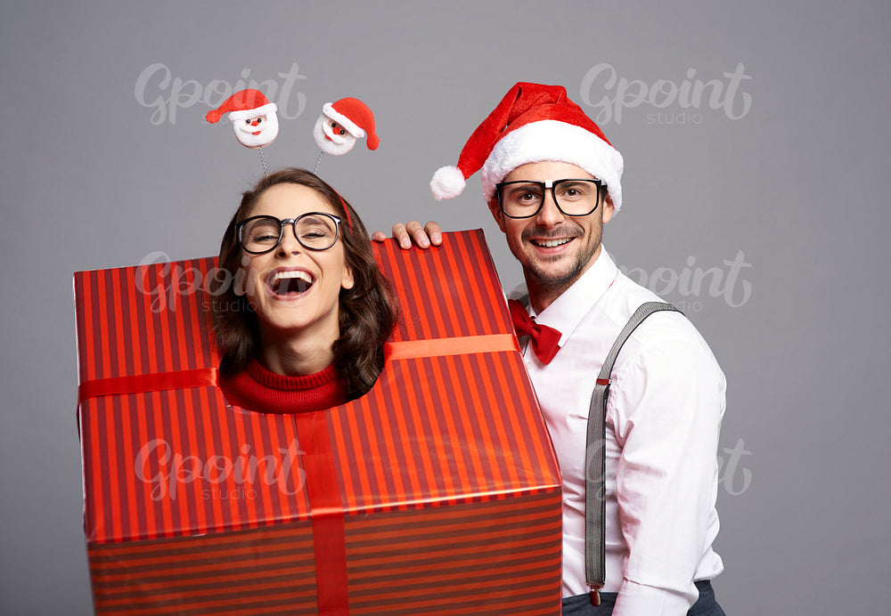 Woman packed packed by boyfriend in big Christmas present