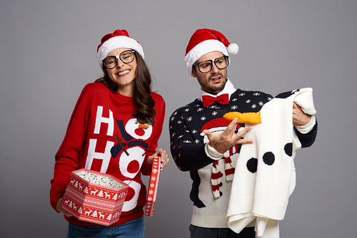 Man shocked of being gifted funny Christmas sweater
