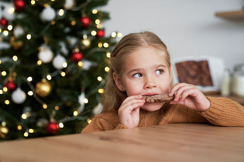 Cute girl eating homemade gingerbread cookie
