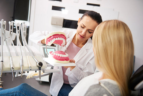 Female dentist showing patient the artificial dentures