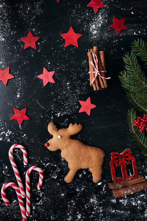 Santa reindeer made of gingerbread cookie on black background