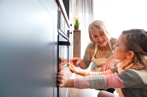 Girl and grandmother watching easter biscuits in kitchen oven