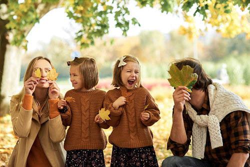 Joyful family having fun with autumnal leaves in woods