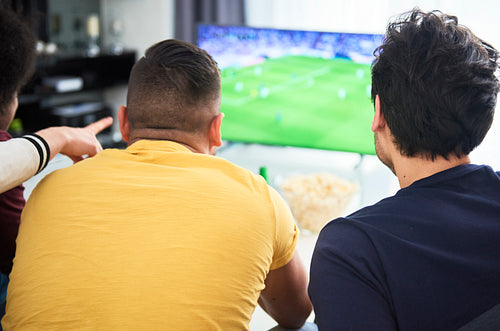 Rear view of men watching a match on TV at home