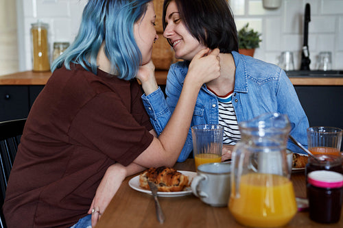 Happy lesbian couple having breakfast