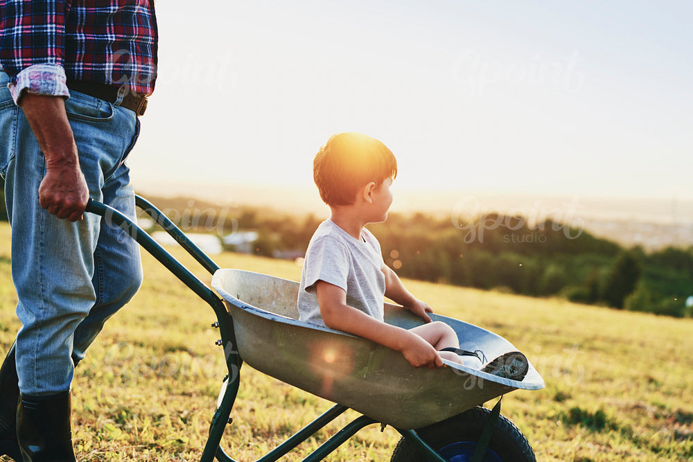 Boy sitting in wheelbarrows at sunset