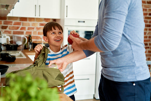 Happy boy with father packing healthy food lunch boxes