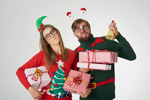 Bizarre couple with Christmas presents