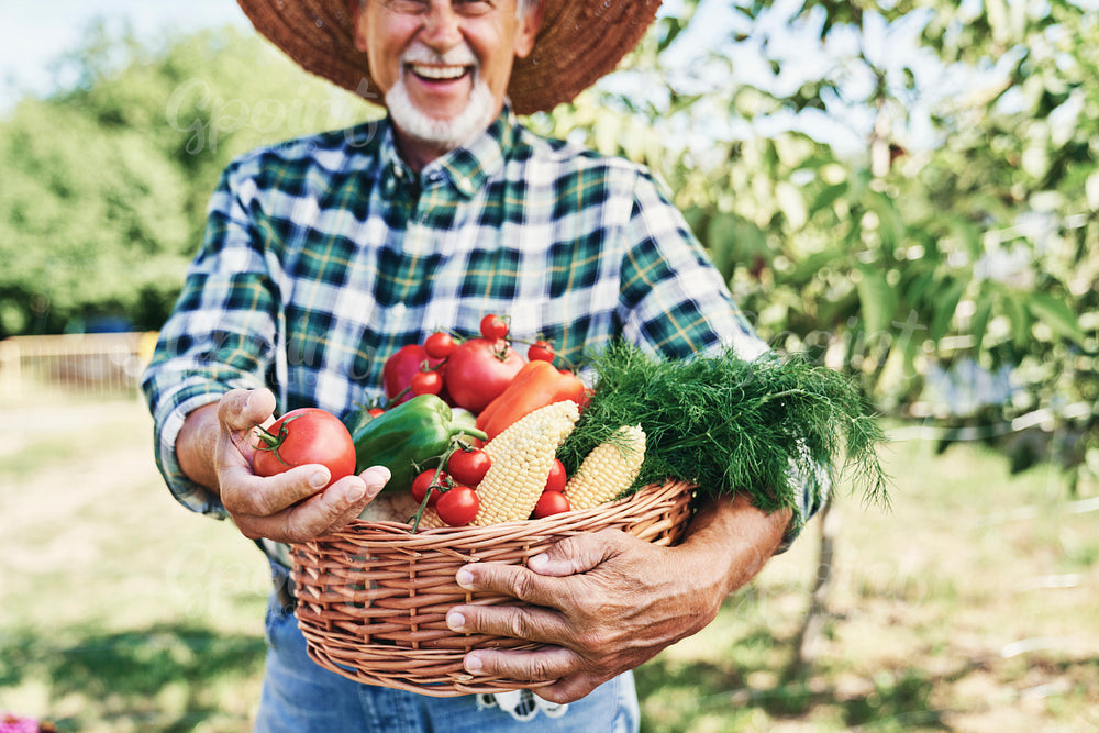 Happy farmer with a basket full of seasonal vegetables
