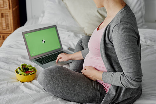 Horizontal picture of computer used by pregnant woman