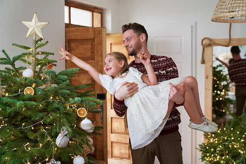 Father with daughter decorating the Christmas tree