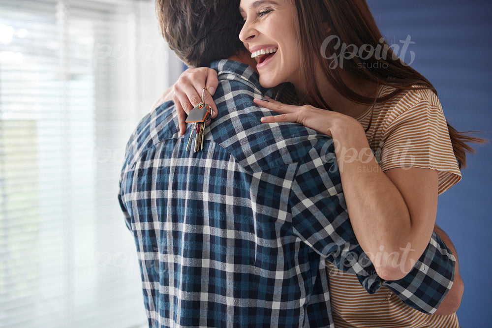 Close up of young couple finally bought a dreamy house