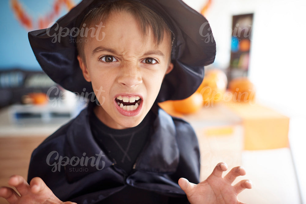 Scary little wizard in Halloween