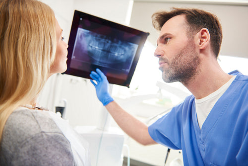 Dentist pointing at x-ray and examining patient the woman's teeth