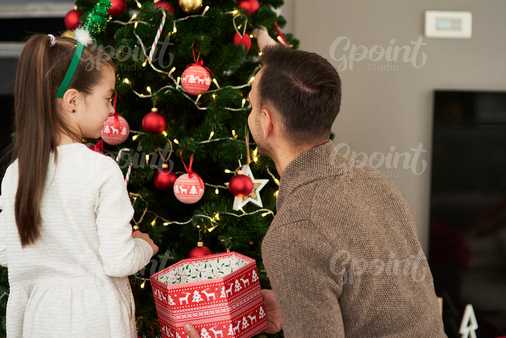 Rear view of girl and dad decorating the Christmas tree