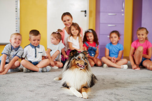 Therapy dog and group of children in the background