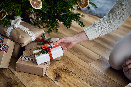 Unrecognizable woman putting Christmas gift under Christmas tree