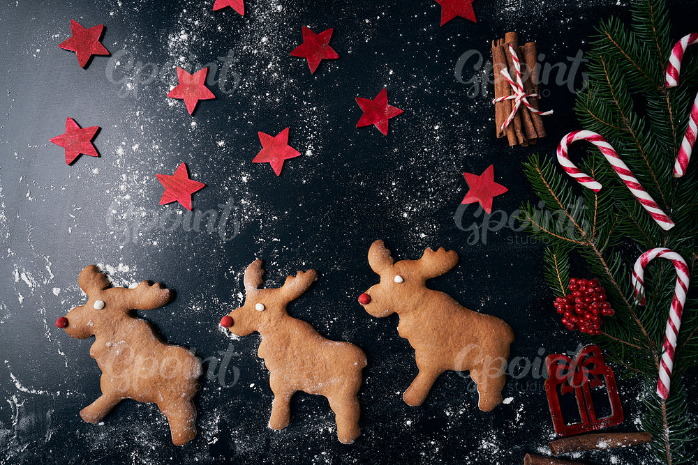 Santa reindeer made of gingerbread cookie with stars in red