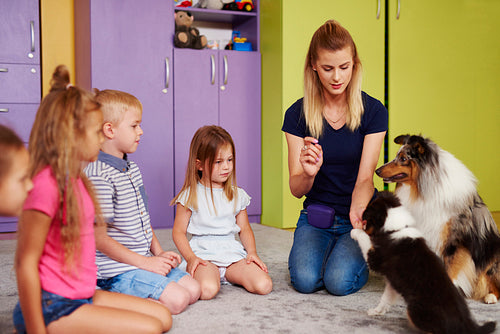Small group of children playing with therapy dog in the preschool