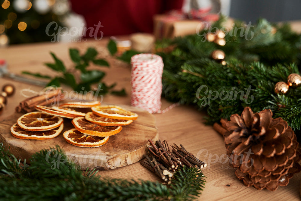 Close up of table full of Christmas decorations