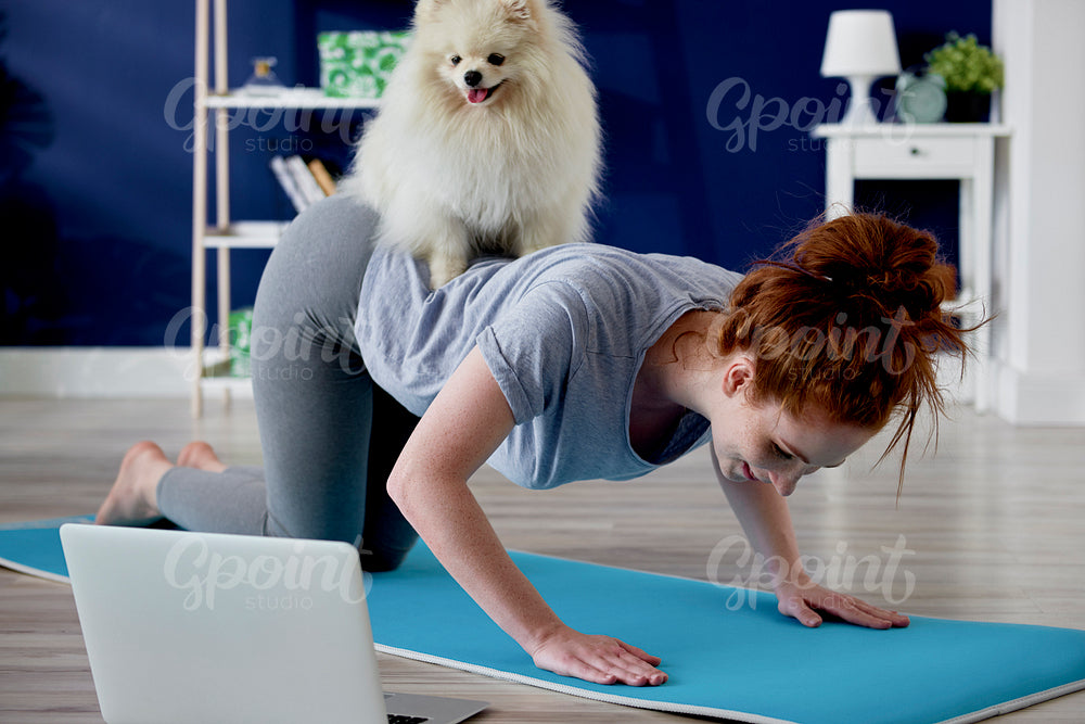 Dog disturbing woman in home exercising