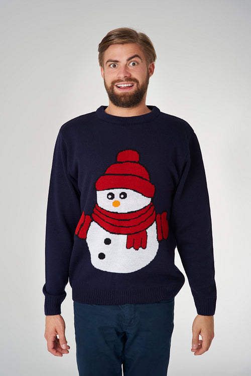 Man in Christmas jumper with a snowman