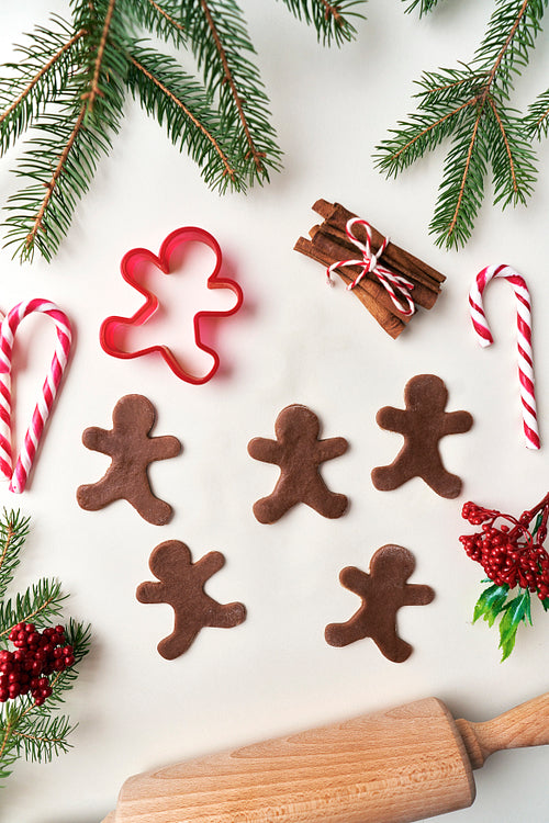 Top view of gingerbread men on white background