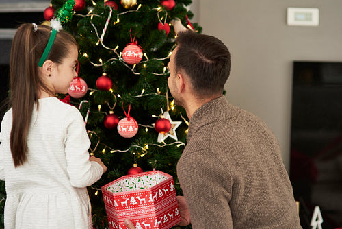 Rear view of girl and dad decorating the Christmas tree