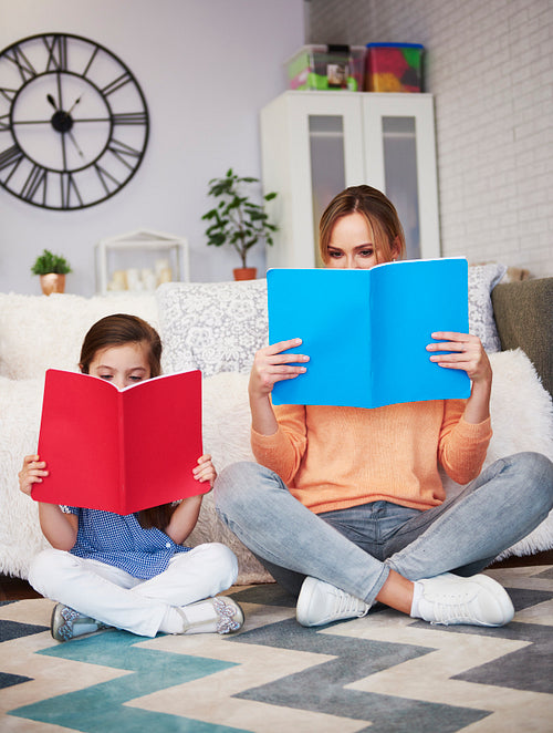Mom and child reading a book in living room