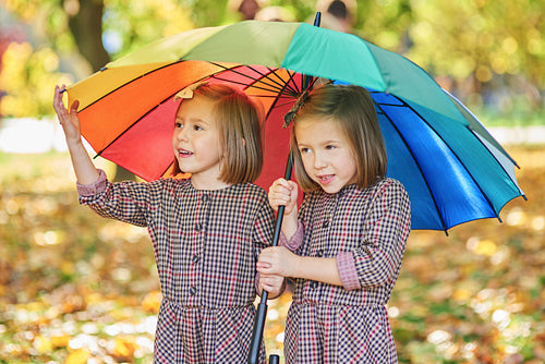 Twins looking for shelter with umbrella