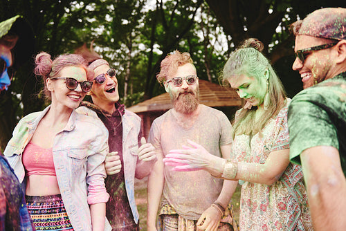 Friends are happy at the holi festival
