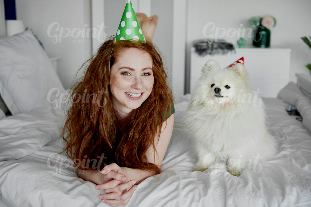 Birthday celebration of woman and her dog