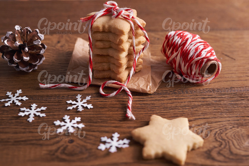 Shot of gingerbread cookies on the wooden table
