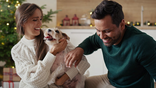 Happy multi ethnicity couple spending Christmas time with dog at home