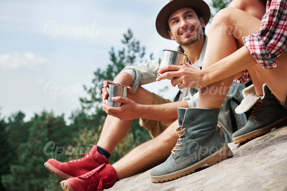 Hikers drinking coffee during a short break