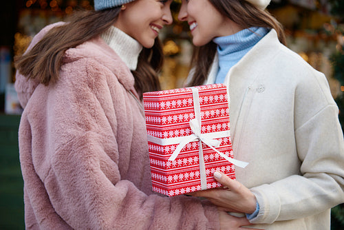 Two women in love holding a Christmas gift