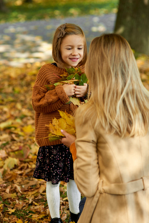 Girl picking leafs on the fall season