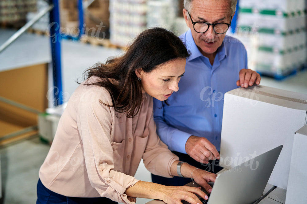 Caucasian men and woman in mature age discussing over laptop in warehouse 