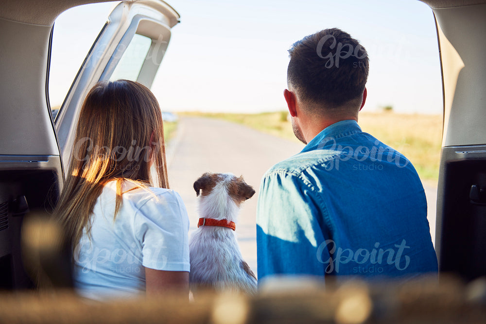 Rear view of young couple and dog enjoying the view