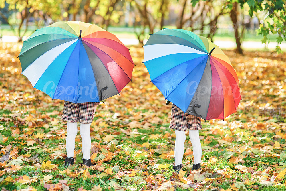 Children holding a colorful umbrella in the autumn forest