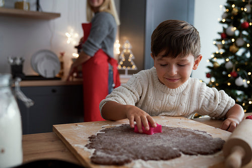 Boy crafting ginger bread cookies