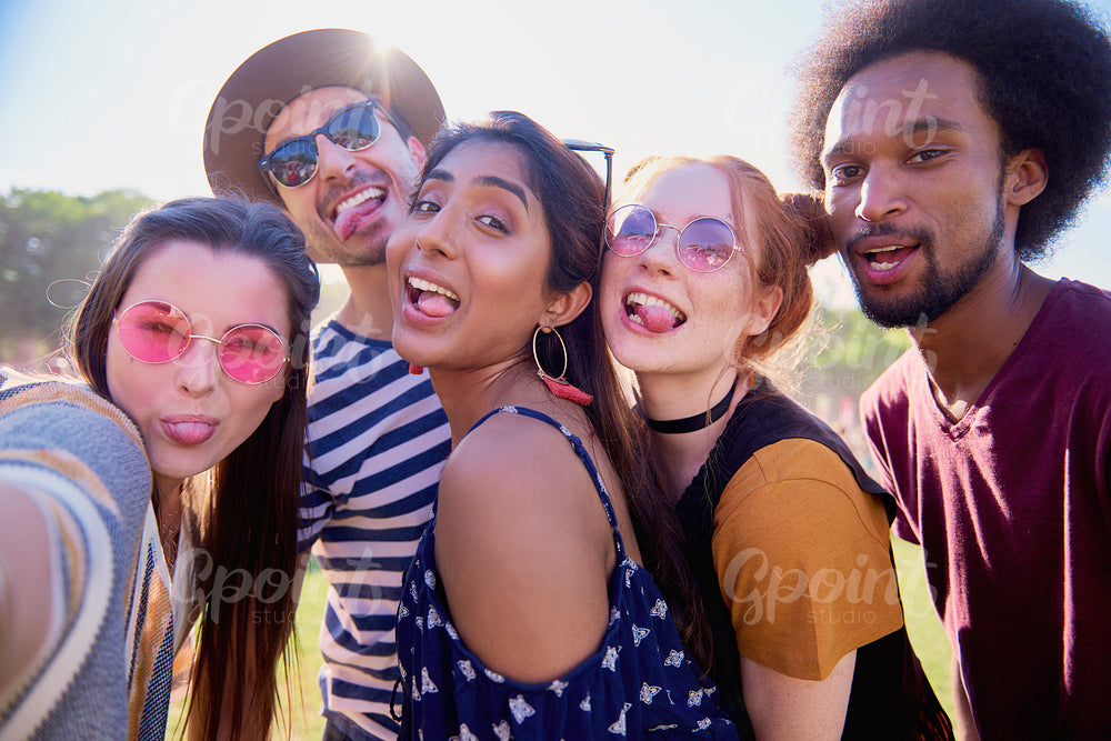 Selfie of five friends at the music festival