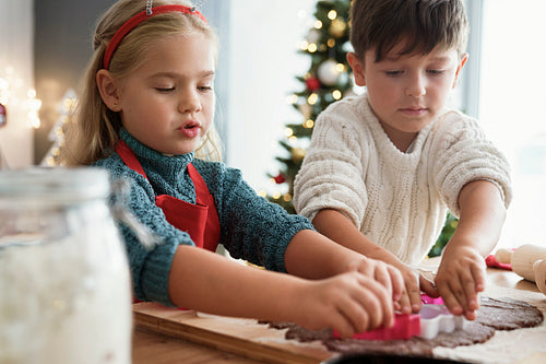 Two children cutting out gingerbread cookies