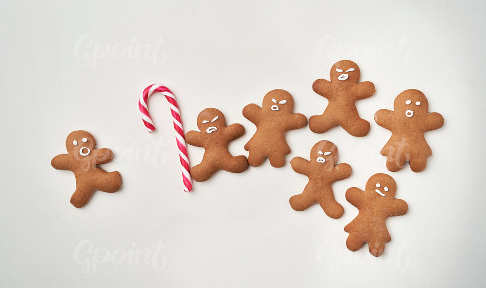 Funny gingerbread man with sugar cane